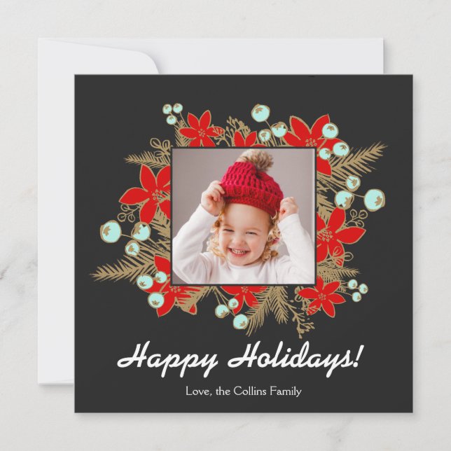 Festive and Elegant Red Poinsettias Photocard Holiday Card (Front)