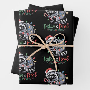 Festive And Feral Christmas Racoon Candy Cane Wrapping Paper Sheet