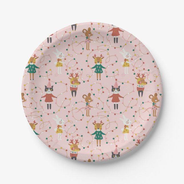 Festive Animal Friends Christmas Pattern Paper Plate (Front)