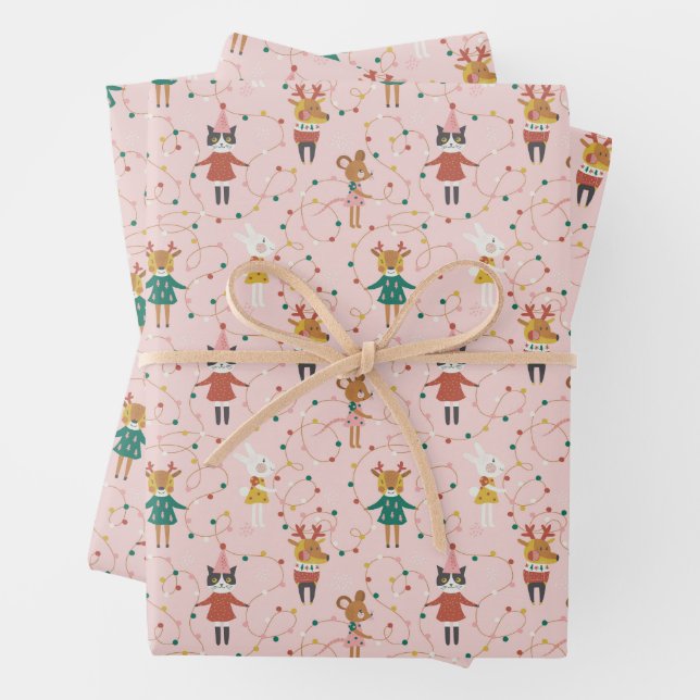 Festive Animal Friends Christmas Pattern Wrapping Paper Sheet (In situ)