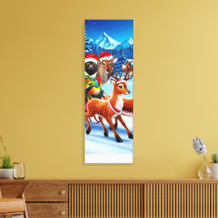 Festive Animal Sleigh Christmas Canvas 12" x 36" Print