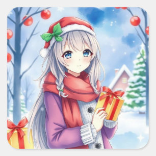 Festive Anime Girl Christmas Square Sticker