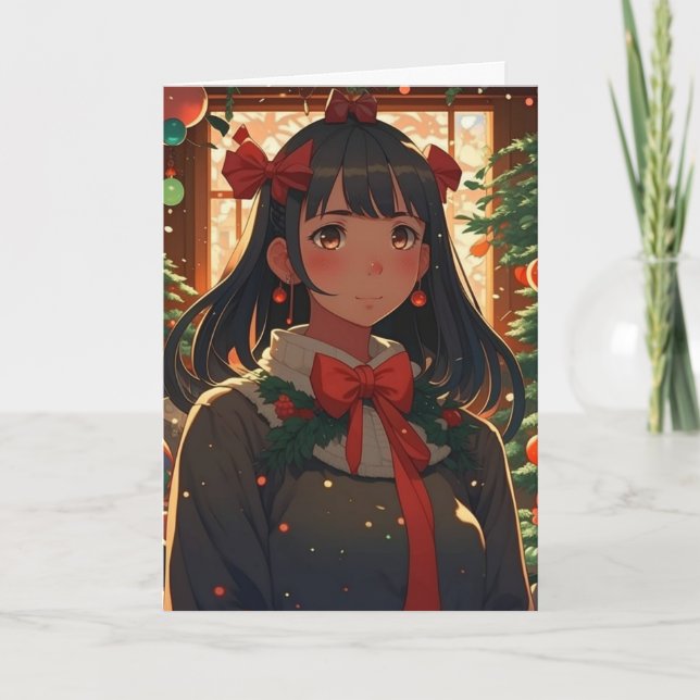 Festive Anime Girl on Christmas Night Card (Front)