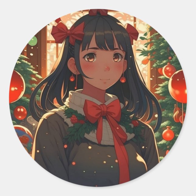 Festive Anime Girl on Christmas Night Classic Round Sticker (Front)