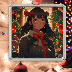 Festive Anime Girl on Christmas Night Metal Tree Decoration