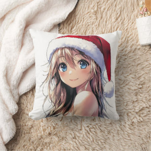 Festive Anime Girl Santa Hat with Bright Blue Eyes Cushion