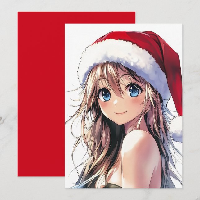 Festive Anime Girl Santa Hat with Bright Blue Eyes Holiday Card (Front/Back)