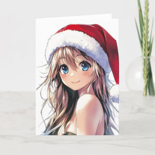 Festive Anime Girl Santa Hat with Bright Blue Eyes Holiday Card