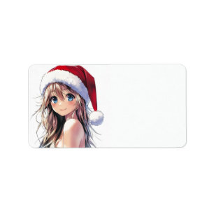 Festive Anime Girl Santa Hat with Bright Blue Eyes Label