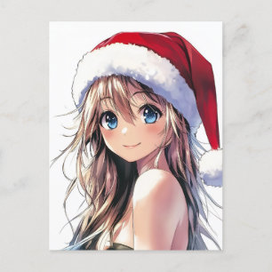 Festive Anime Girl Santa Hat with Bright Blue Eyes Postcard