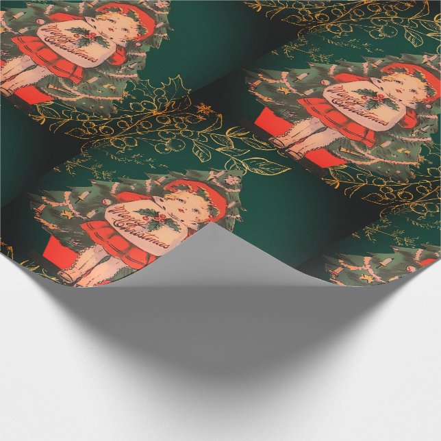 Festive Antique Christmas Doll Green Red Wrapping Paper (Corner)