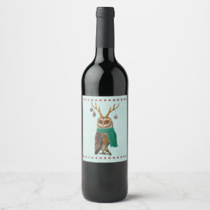 FESTIVE ANTLER OWL WINE LABEL