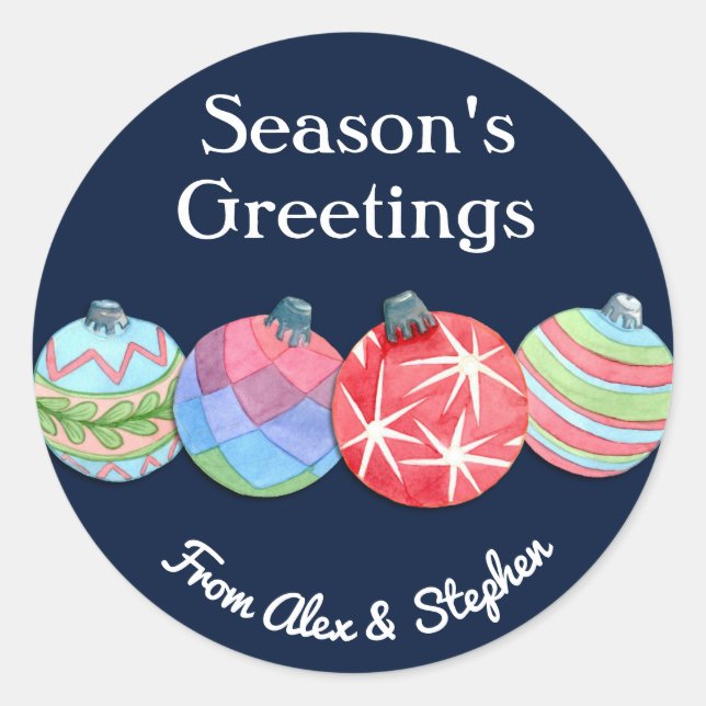 Festive Any Text Christmas Holiday Balls Dark Blue Classic Round Sticker (Front)