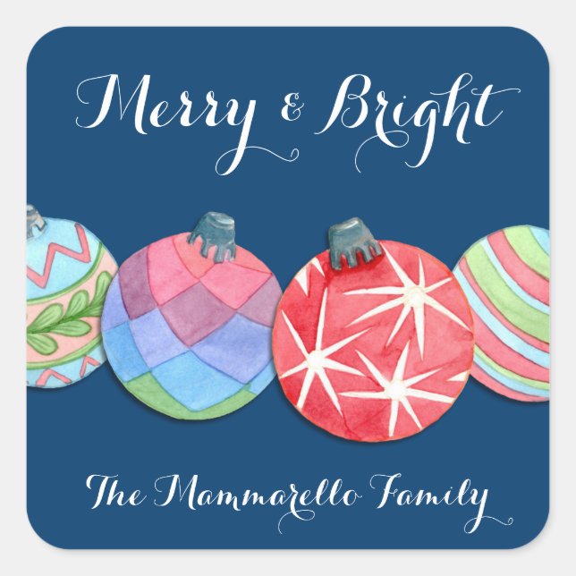 Festive Any Text Christmas Holiday Balls Dark Blue Square Sticker (Front)