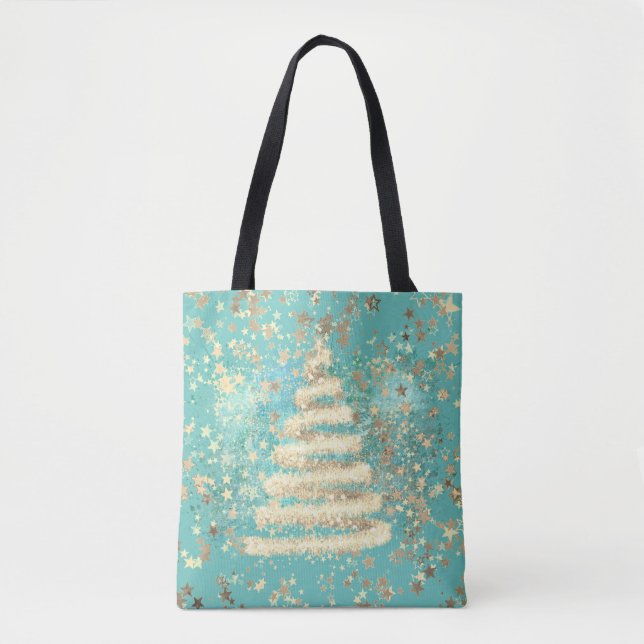 Festive Aqua Gold Sparkly Christmas Tree Tote Bag (Front)