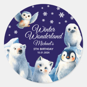 Festive Arctic Animals Blue Winter Kids' Birthday  Classic Round Sticker