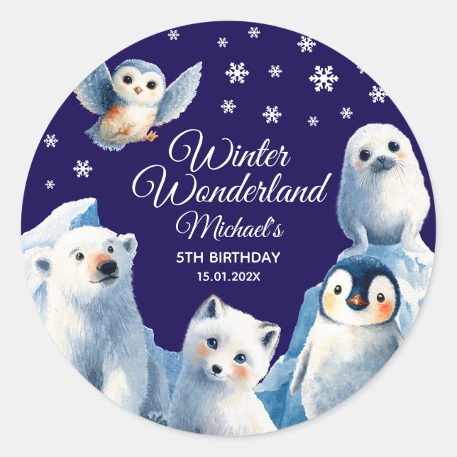 Festive Arctic Animals Blue Winter Kids' Birthday  Classic Round Sticker (Front)