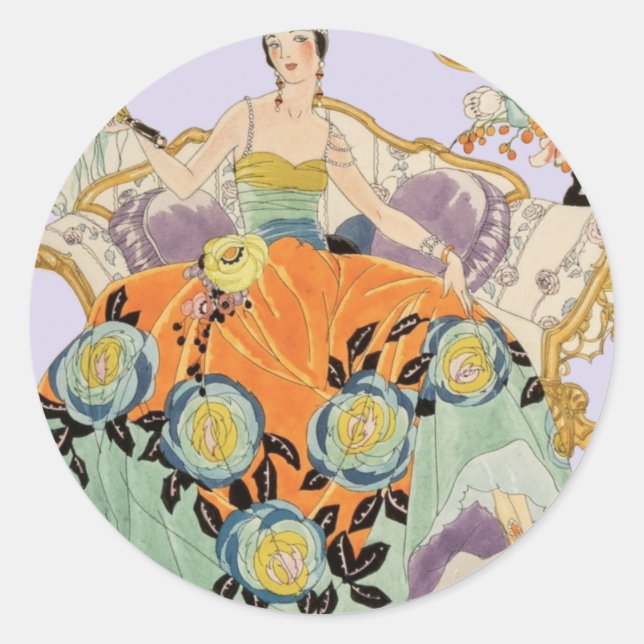 Festive Art Deco Lady Classic Round Sticker (Front)