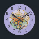 Festive Art Deco Lady Round Clock<br><div class="desc">Features a vibrant Art Deco illustration of a woman in an elaborate gown,  seated on an ornate sofa,  set against a lavender background with classic black numerals. The artwork evokes the elegance and style of the 1920s and 1930s.</div>