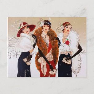 Festive art deco retro vintage Christmas ladies Holiday Postcard