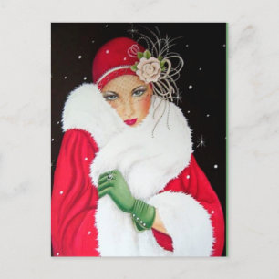 Festive art deco retro vintage Christmas lady Holiday Postcard