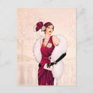Festive art deco retro vintage Christmas lady Holiday Postcard