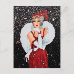 Festive art deco retro vintage Christmas lady Holiday Postcard