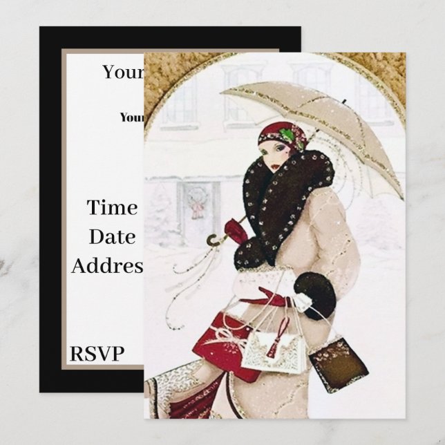 Festive art deco retro vintage Christmas lady Invitation (Front/Back)