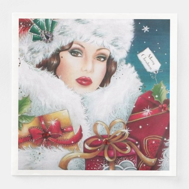 Festive art deco retro vintage Christmas lady Napkin (Front)