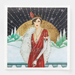 Festive art deco retro vintage Christmas lady Napkin