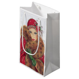 Festive art deco retro vintage Christmas lady Small Gift Bag