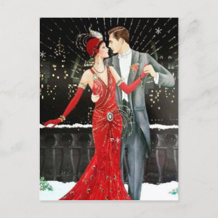 Festive art deco retro vintage couple holiday postcard