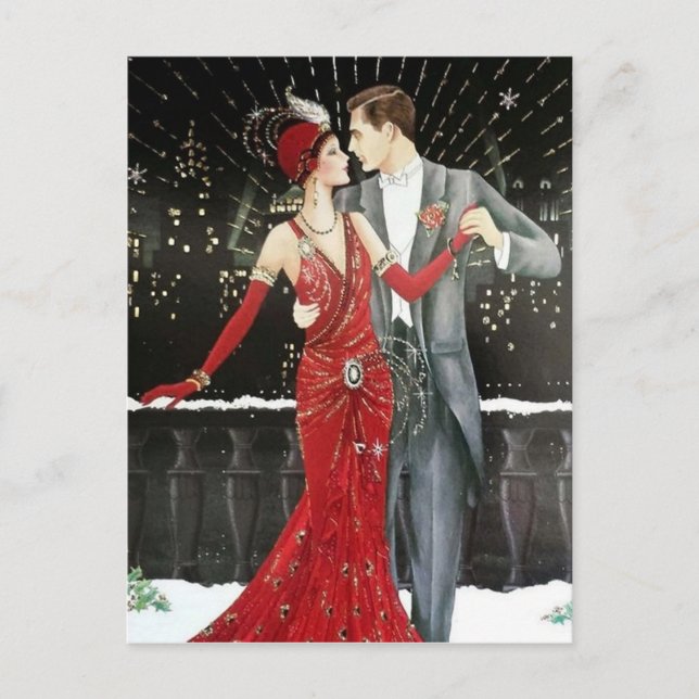 Festive art deco retro vintage couple holiday postcard (Front)