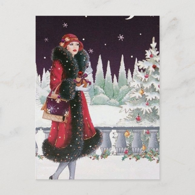 Festive art deco retro vintage lady holiday postcard (Front)