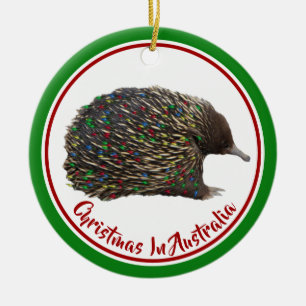 Festive Australia Echidna wearing Christmas Lights Ceramic Tree Decoration