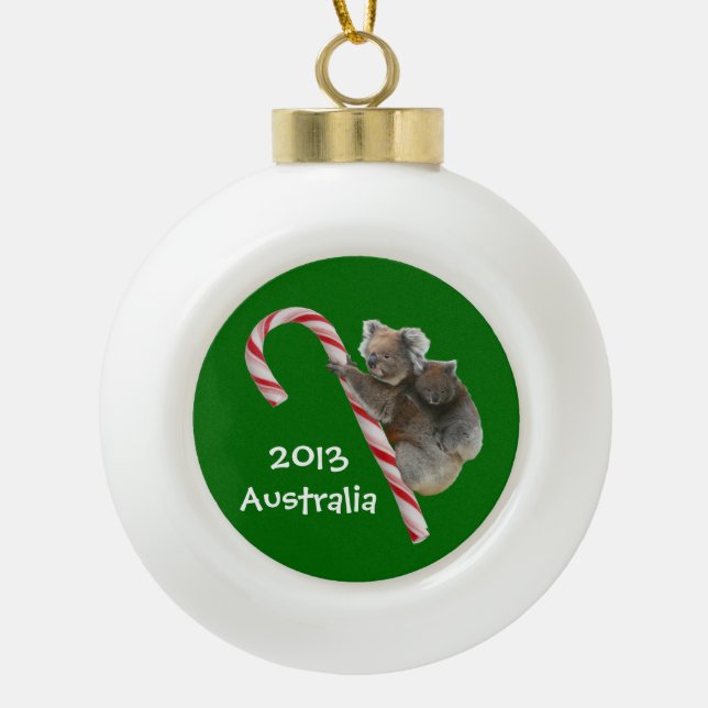 Festive Australian Koala Bears on Candy Cane Ceramic Ball Christmas Ornament (Front)
