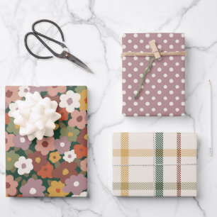 Festive Autumn Floral, Polkadot & Plaid  Wrapping Paper Sheet