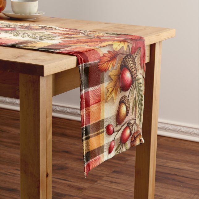 Festive Autumn Foliage on Plaid  Short Table Runner (In Situ)