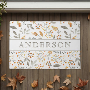 Festive Autumn Watercolor Foliage Family Name Doormat