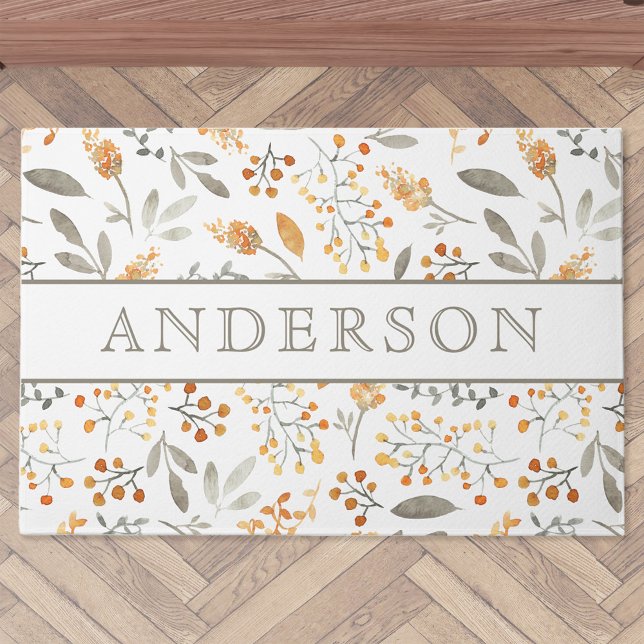 Festive Autumn Watercolor Foliage Family Name Doormat (Creator Uploaded)