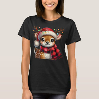 Festive Baby Deer with Christmas Lights and Santa T-Shirt