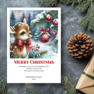 Festive Baby Fawn Snowy Forest Watercolor Xmas Holiday Card