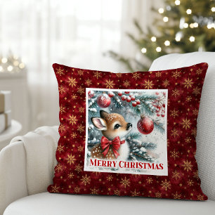 Festive Baby Fawn Winter Scene Kids Room Decor  Cushion