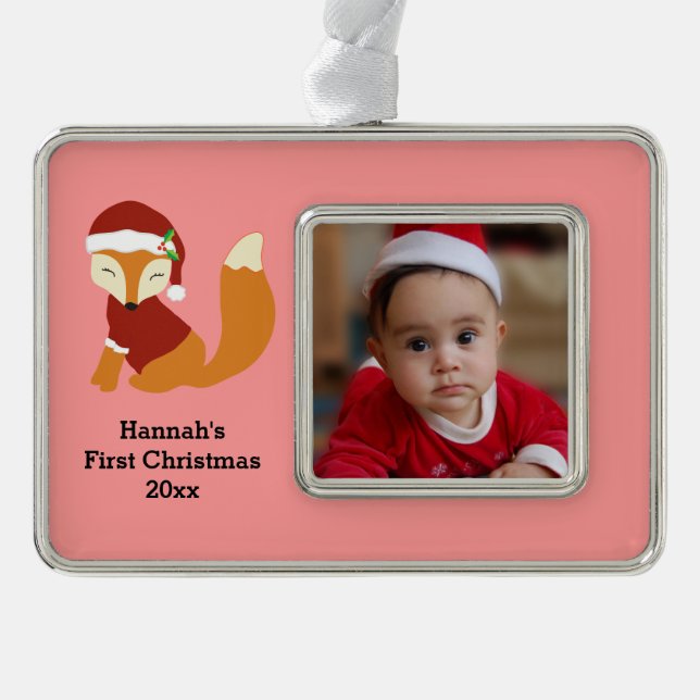 Festive Baby Fox First Christmas Holiday Silver Plated Framed Ornament (Front)