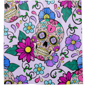 Festive background with sugar skulls, heart and fl shower curtain