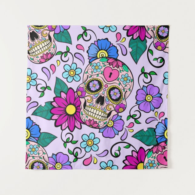 Festive background with sugar skulls, heart and fl tapestry (Front)
