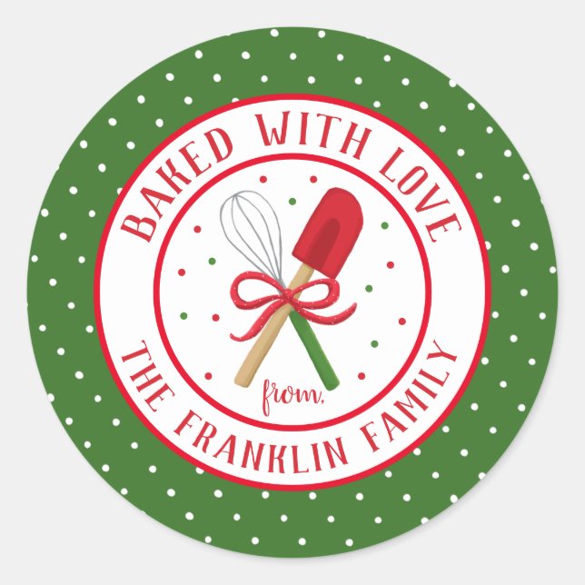 Festive Baked with Love Personalised Holiday Class Classic Round Sticker (Front)
