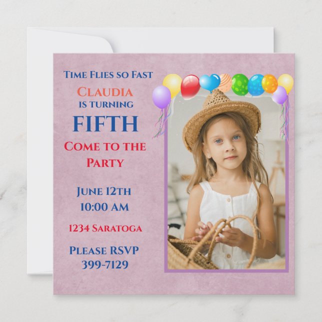 Festive Balloons Photo Pink Birthday Party Invitation (Front)