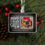 Festive Barks | Pet Photo First Christmas Silver Plated Framed Ornament<br><div class="desc">Bark, the herald angels sing! Commemorate your pet's first Christmas with this adorable ornament featuring a chalkboard background with a hand lettered quote adorned with a paw print. Add your custom caption (shown with "[Name's] first Christmas" and the year") and add a photo of your dog for a sweet holiday...</div>