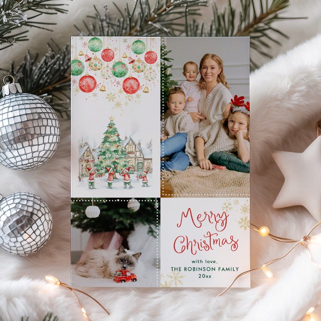 Festive Baubles Snowflakes Merry Christmas 2 Photo Holiday Card (Creator Uploaded)